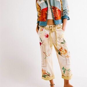 Floral Embroidered Pants with Rope Belt